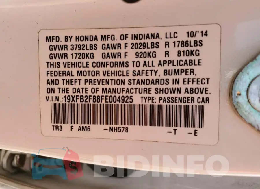 19XFB2F88FE004925 Photo# 10