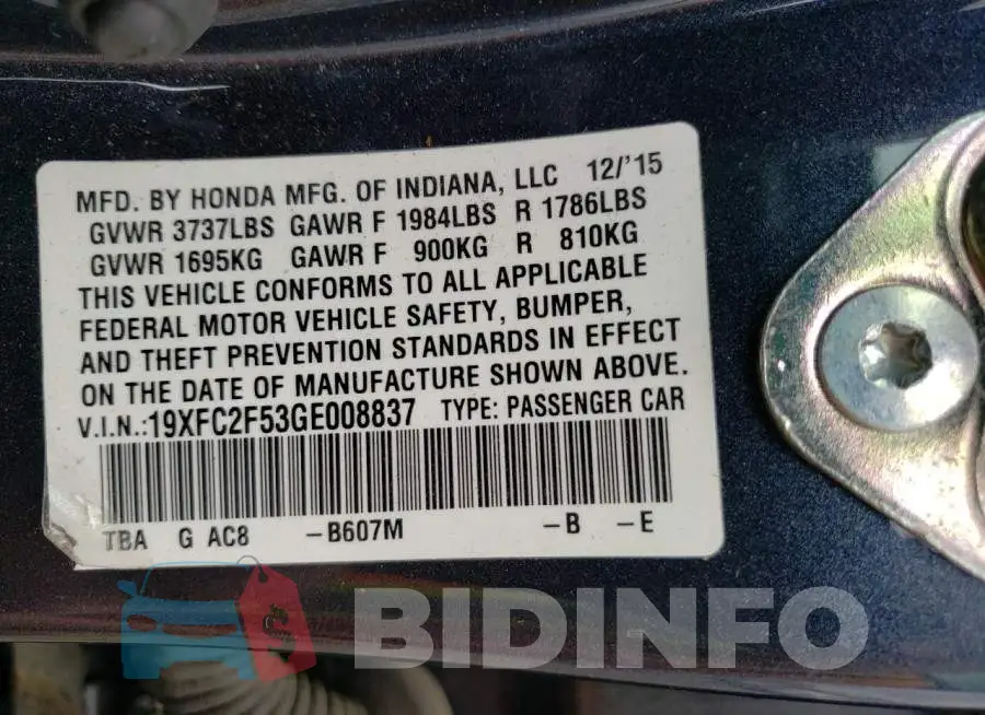 19XFC2F53GE008837 Photo# 10