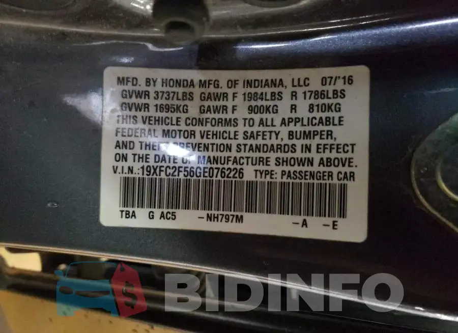 19XFC2F56GE076226 Photo# 12