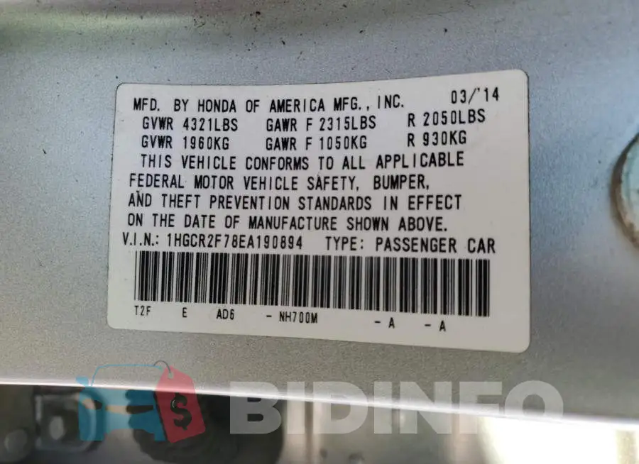 1HGCR2F78EA190894 Photo# 12