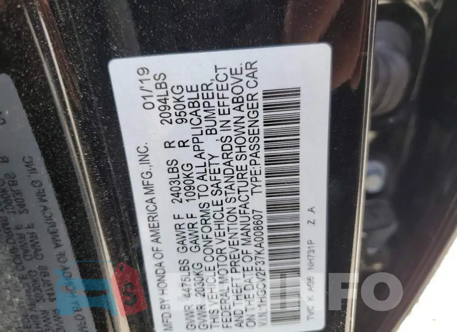 1HGCV2F37KA008607 Photo# 12
