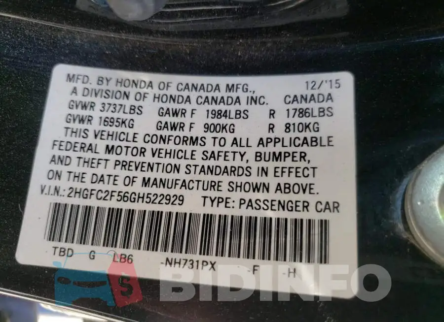 2HGFC2F56GH522929 Photo# 12