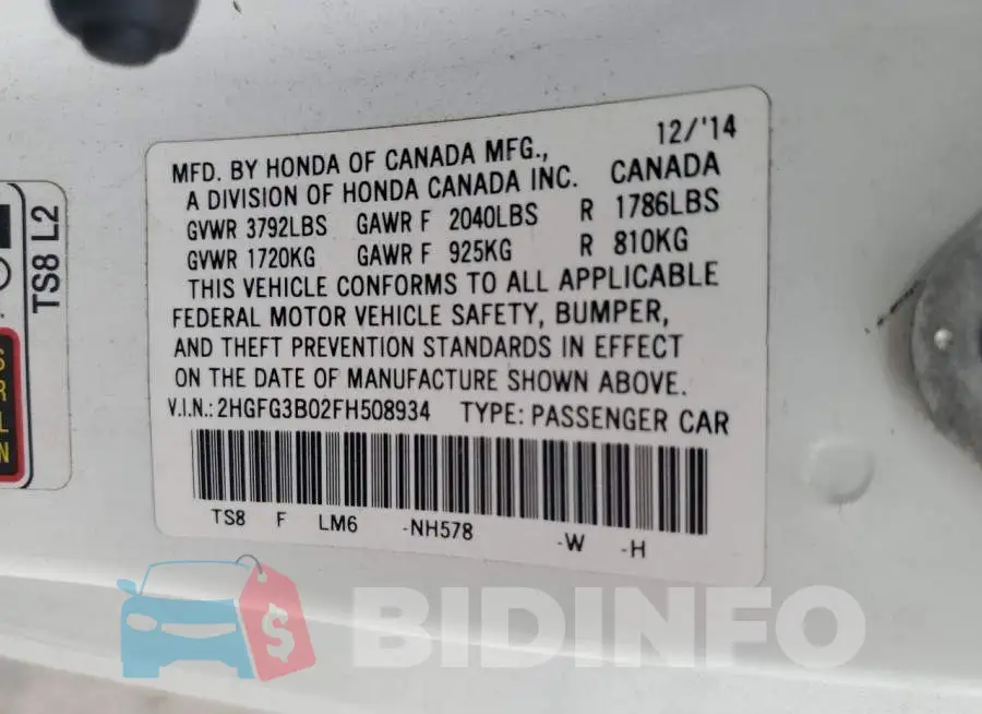 2HGFG3B02FH508934 Photo# 12