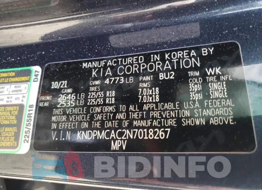 KNDPMCAC2N7018267 Photo# 10