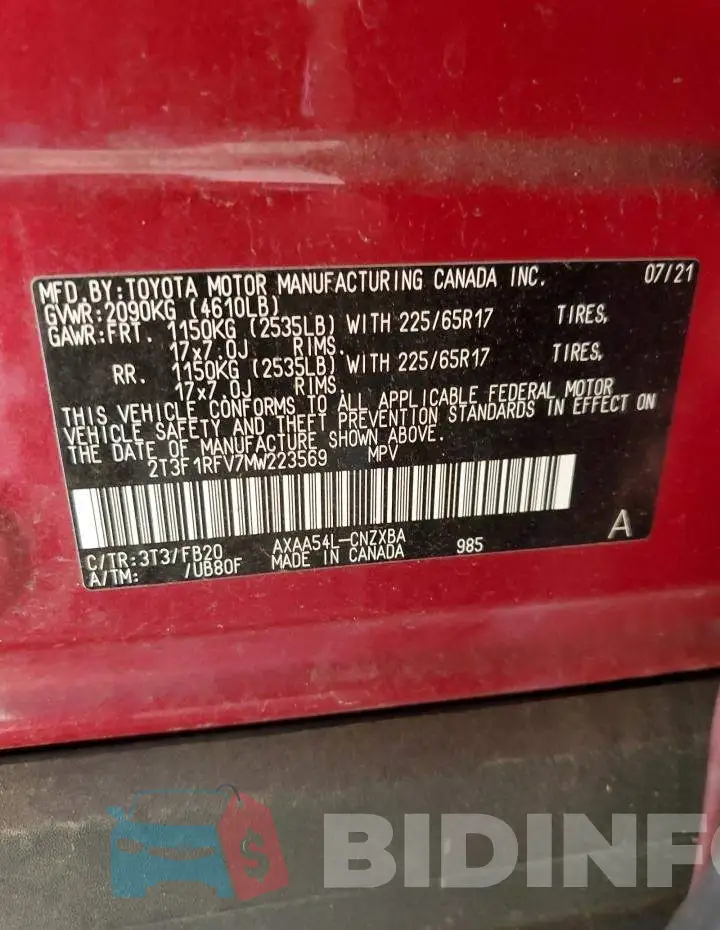 2T3F1RFV7MW223569 Photo# 12