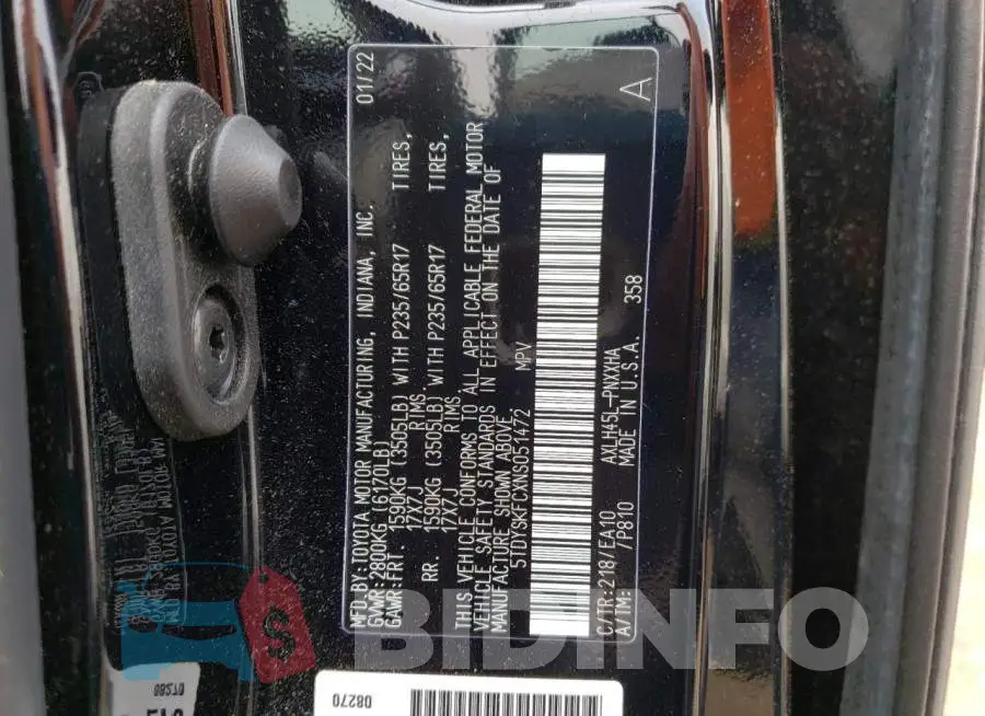 5TDYSKFCXNS051472 Photo# 13
