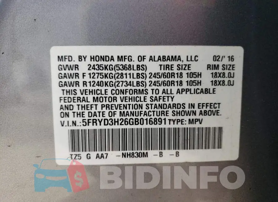 5FRYD3H26GB016891 Photo# 13
