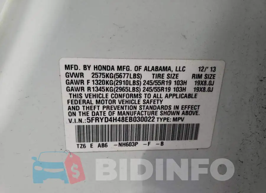 5FRYD4H48EB030022 Photo# 13