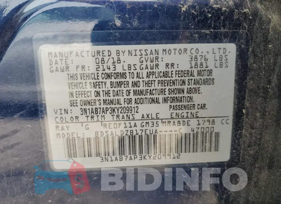 3N1AB7AP3KY209912 Photo# 12