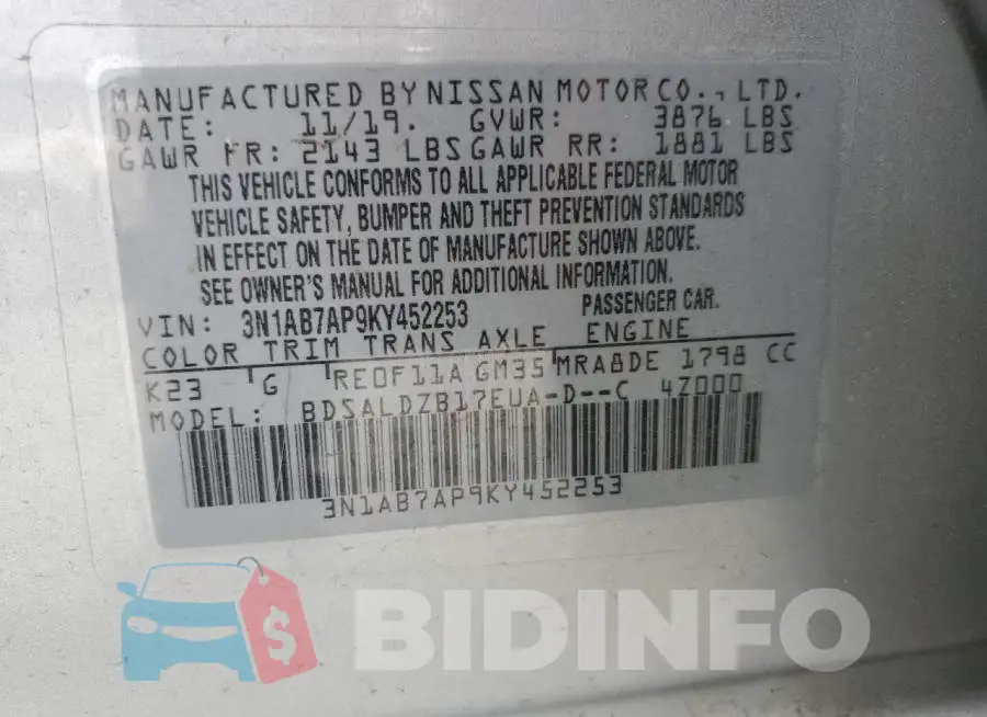 3N1AB7AP9KY452253 Photo# 12