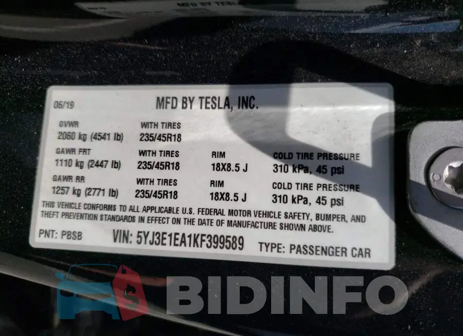 5YJ3E1EA1KF399589 Photo# 13
