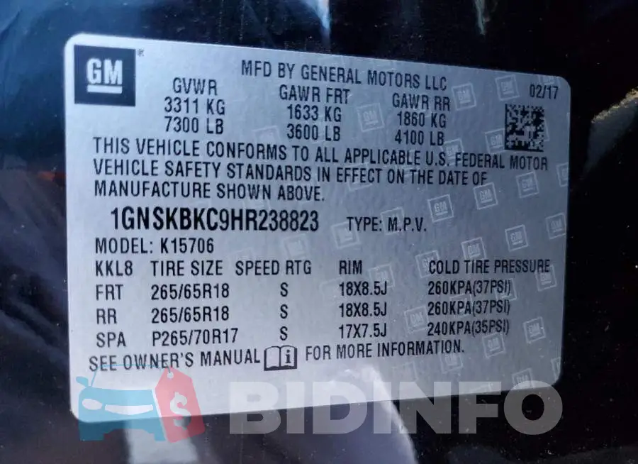 1GNSKBKC9HR238823 Photo# 13