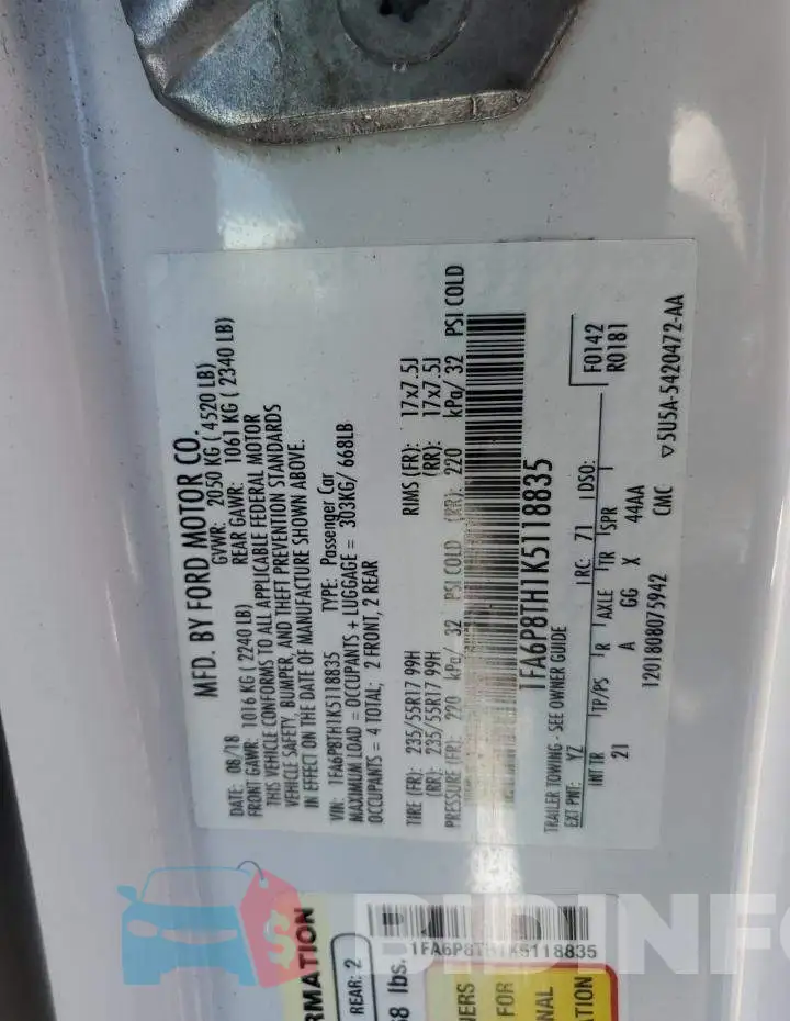 1FA6P8TH1K5118835 Photo# 12