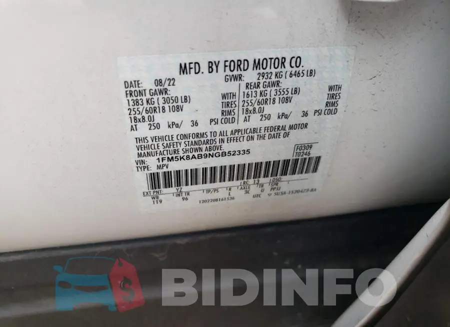 1FM5K8AB9NGB52335 Photo# 13