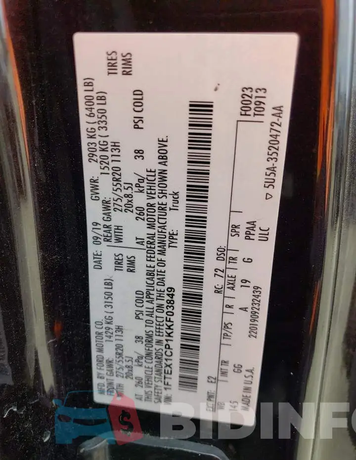 1FTEX1CP1KKF03849 Photo# 12