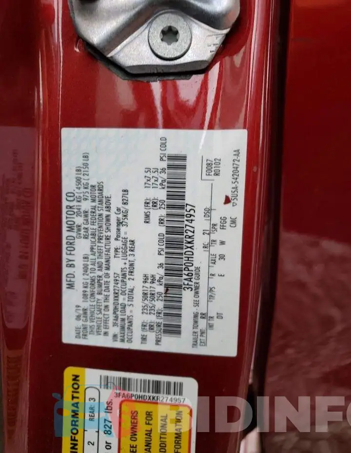 3FA6P0HDXKR274957 Photo# 12