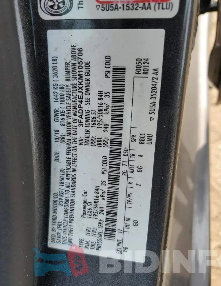 3FADP4EJXKM105706 Photo# 12
