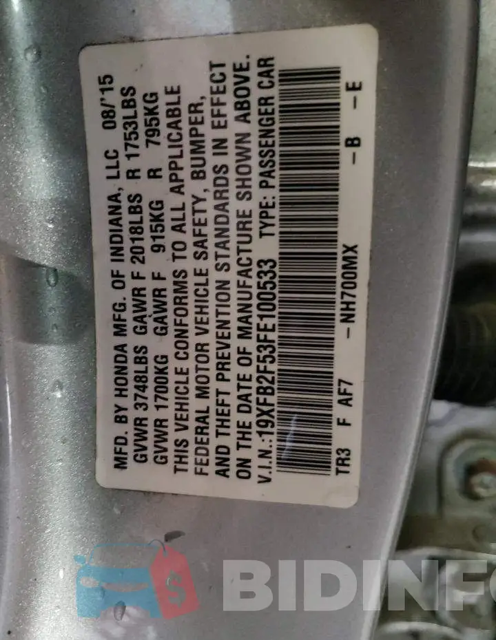 19XFB2F53FE100533 Photo# 12