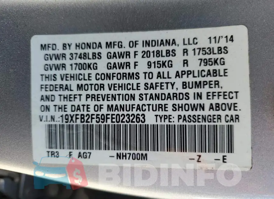19XFB2F59FE023263 Photo# 12