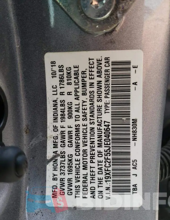 19XFC2F55JE040647 Photo# 12