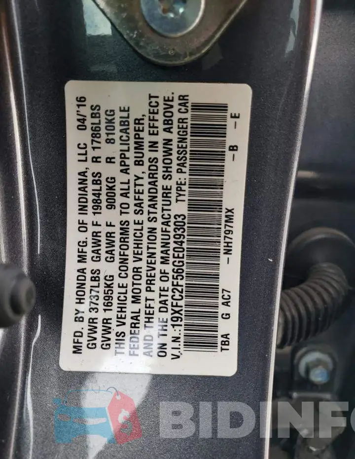 19XFC2F56GE049303 Photo# 10