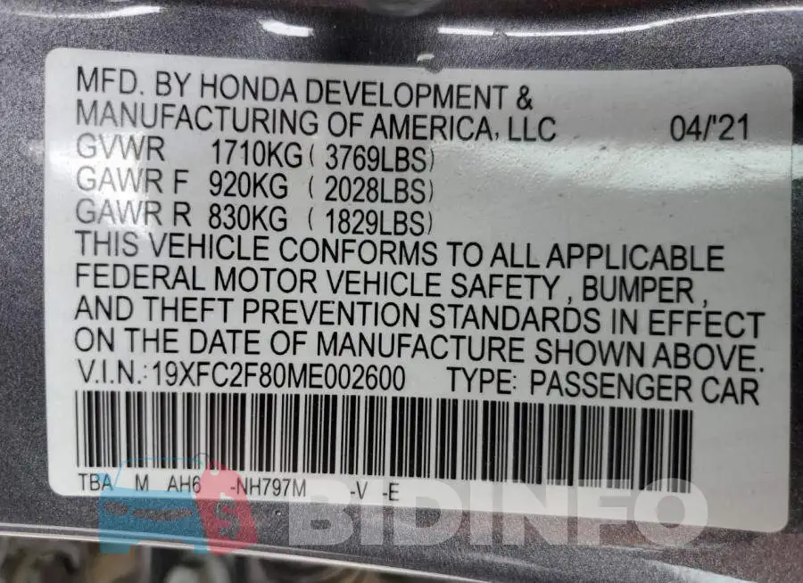 19XFC2F80ME002600 Photo# 13