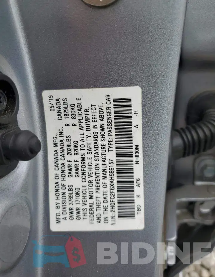 2HGFC2F6XKH566157 Photo# 12