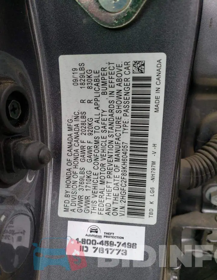 2HGFC2F89KH604057 Photo# 12