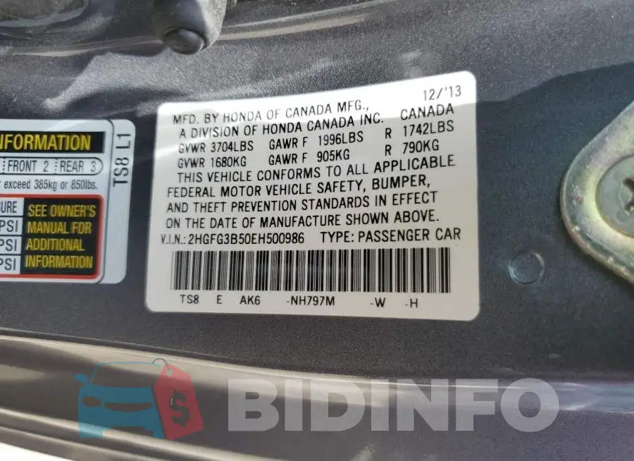 2HGFG3B50EH500986 Photo# 13
