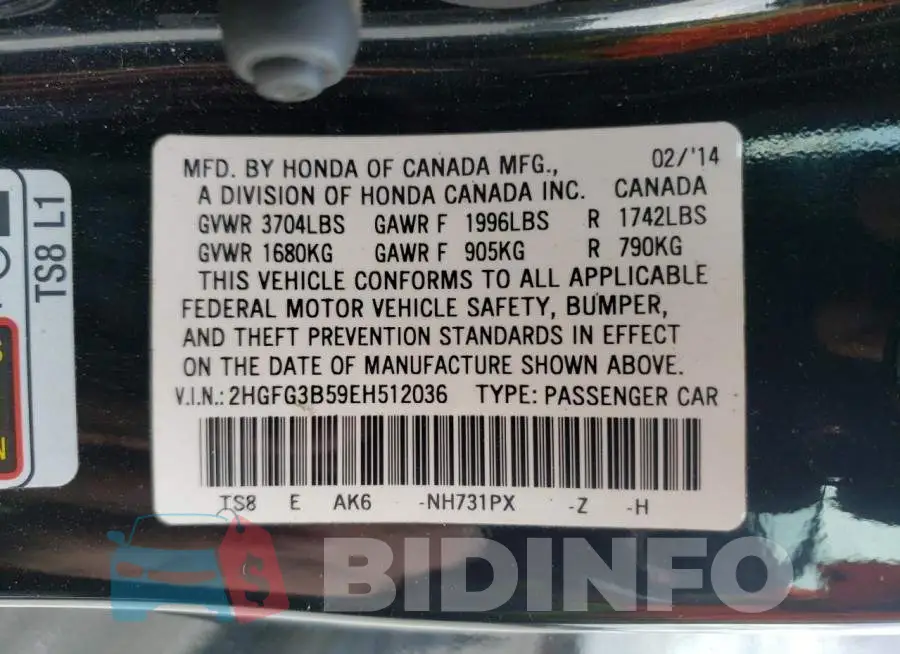 2HGFG3B59EH512036 Photo# 12