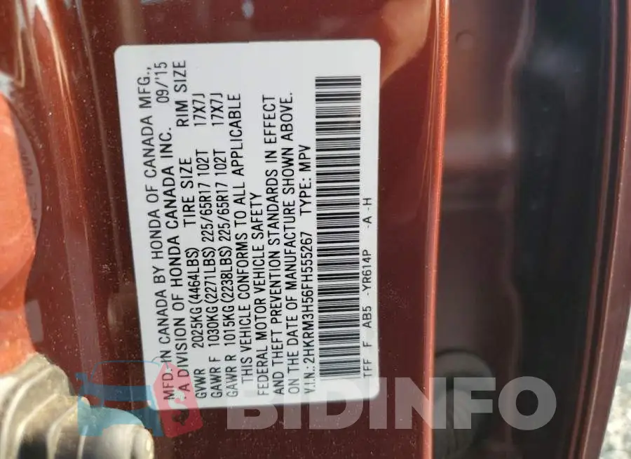 2HKRM3H56FH555267 Photo# 13