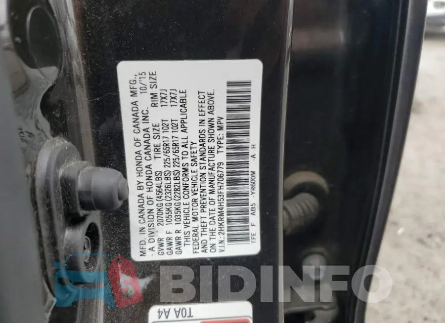 2HKRM4H53FH706779 Photo# 12