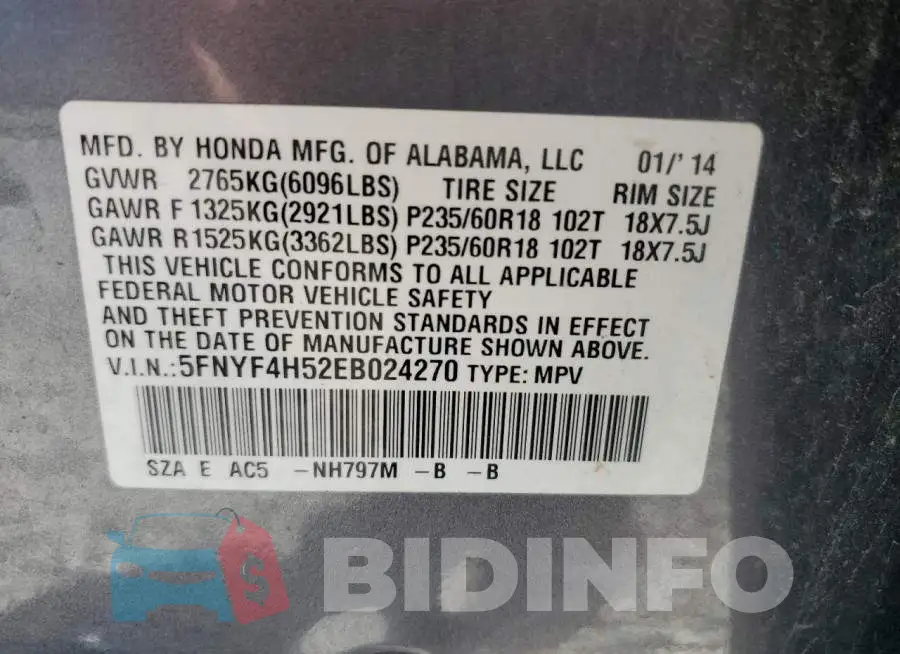 5FNYF4H52EB024270 Photo# 14