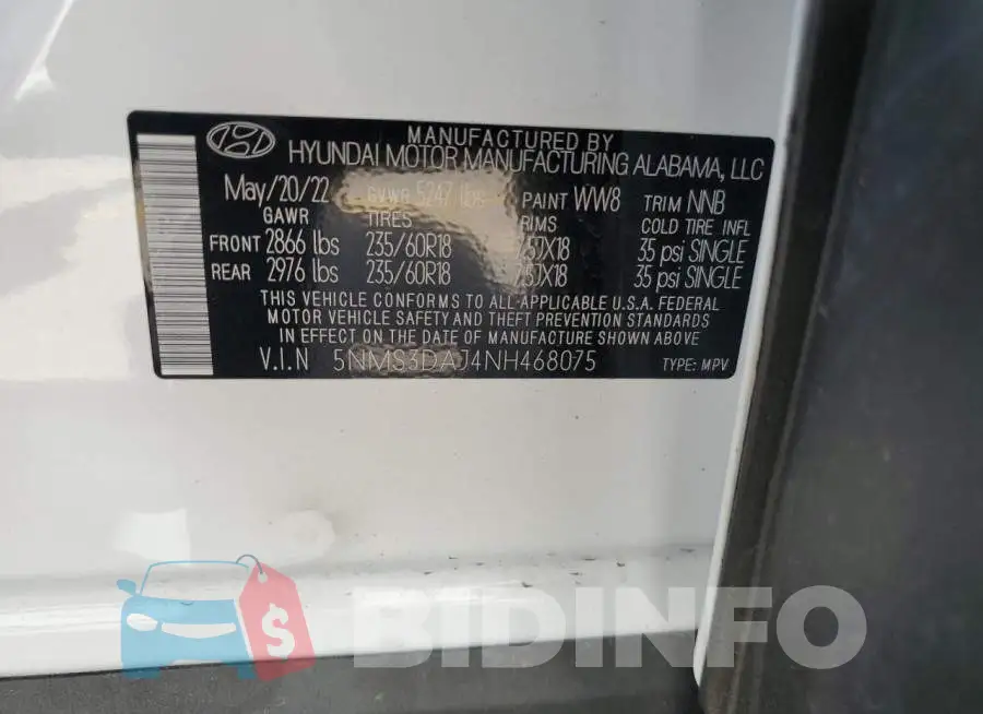5NMS3DAJ4NH468075 Photo# 13