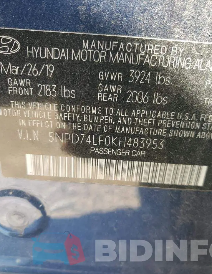 5NPD74LF0KH483953 Photo# 12