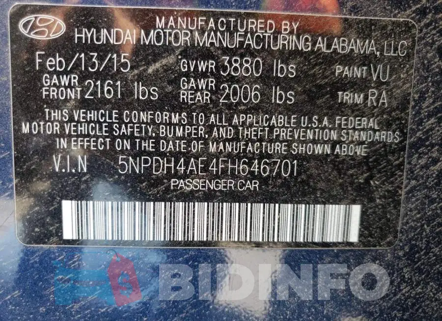 5NPDH4AE4FH646701 Photo# 12