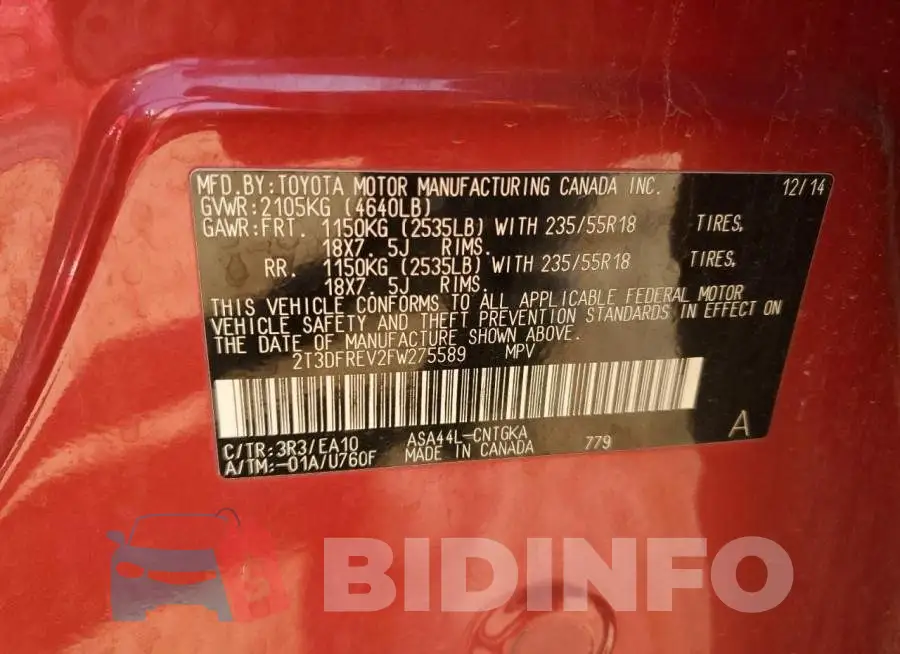 2T3DFREV2FW275589 Photo# 13