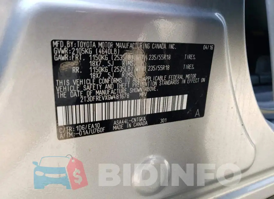 2T3DFREVXGW481678 Photo# 13