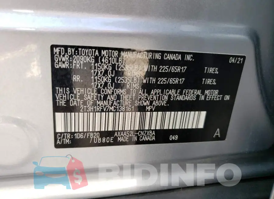2T3H1RFV7MC138161 Photo# 13