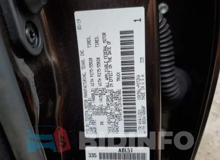 5TFAY5F13KX837801 Photo# 12