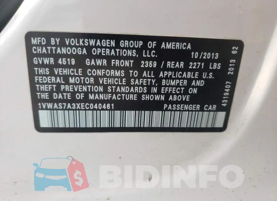 1VWAS7A3XEC040461 Photo# 12