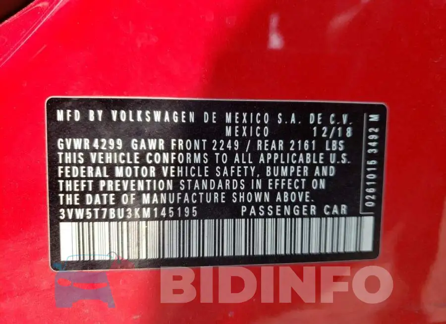 3VW5T7BU3KM145195 Photo# 12