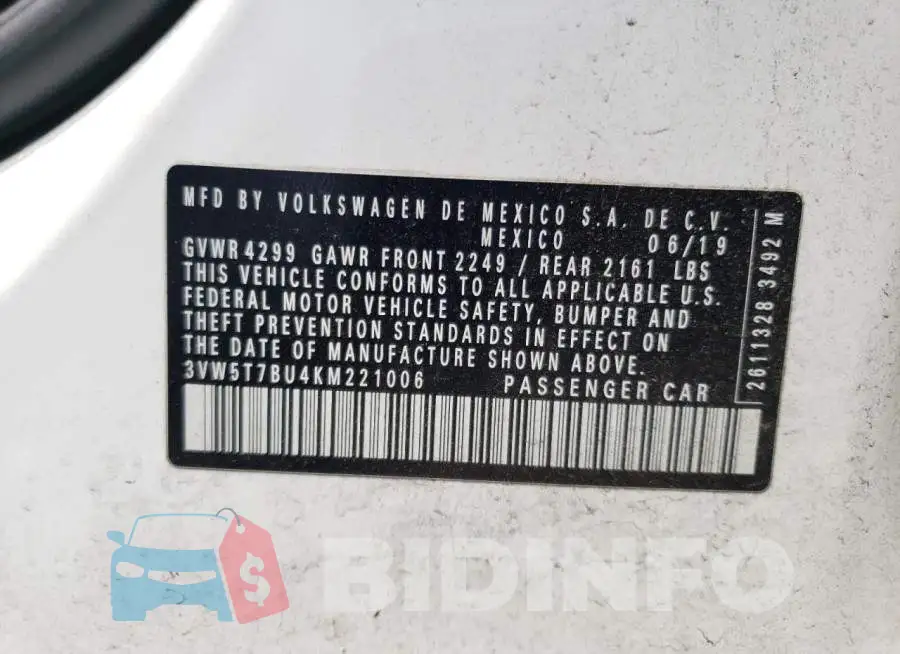 3VW5T7BU4KM221006 Photo# 12