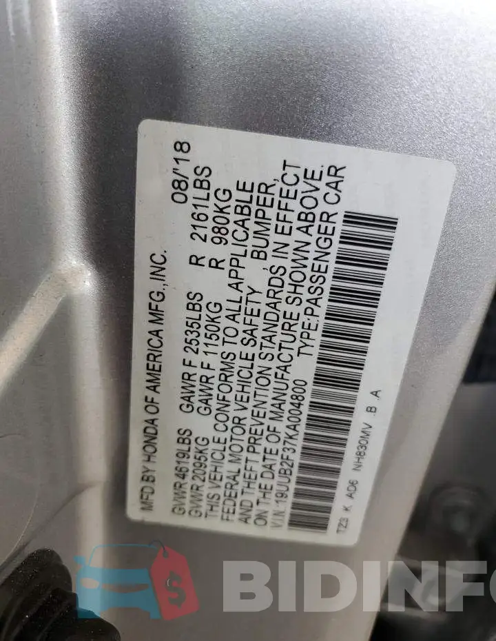 19UUB2F37KA004800 Photo# 12