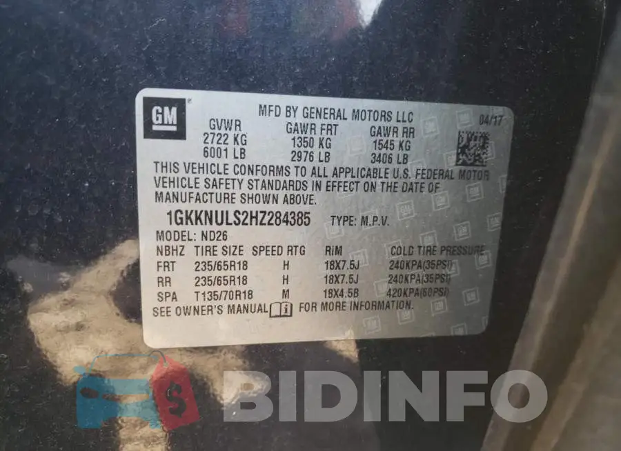1GKKNULS2HZ284385 Photo# 13
