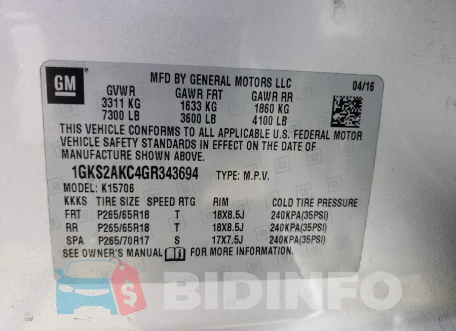 1GKS2AKC4GR343694 Photo# 13