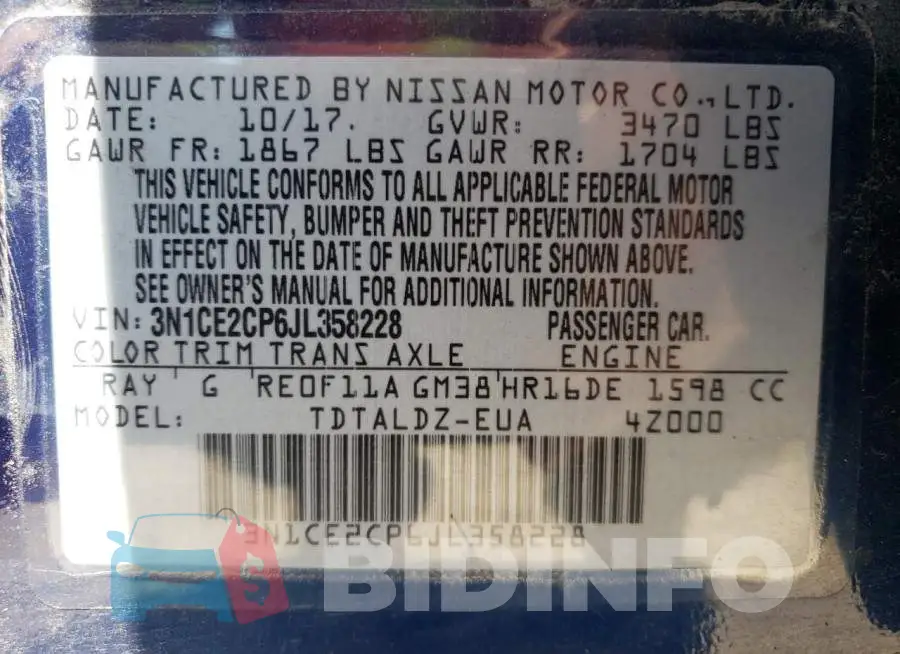 3N1CE2CP6JL358228 Photo# 13