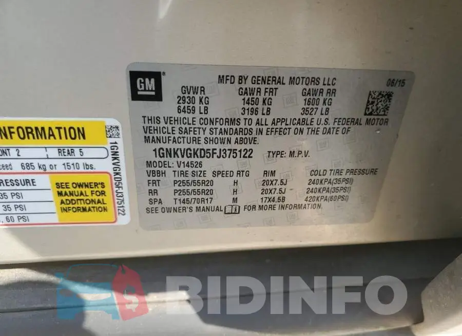 1GNKVGKD5FJ375122 Photo# 13