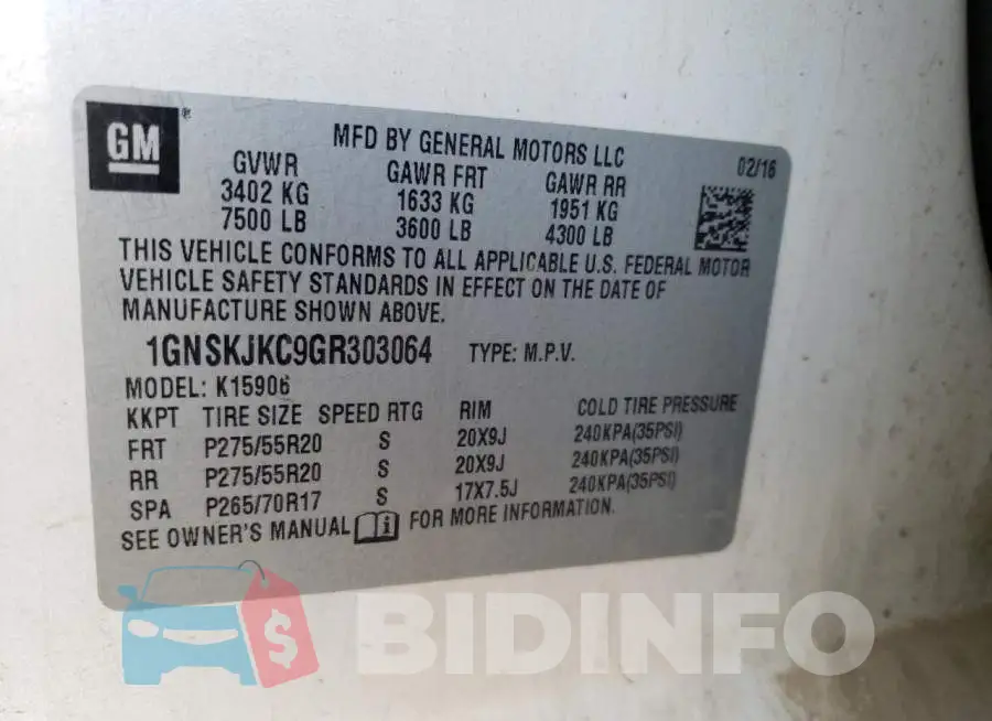 1GNSKJKC9GR303064 Photo# 14
