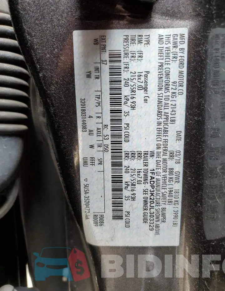 1FADP3K20JL303329 Photo# 13